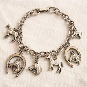 Vintage Equestrian Charm Bacelet Horse Horseshoe Western Cowgirl Silver‎ tone 7"